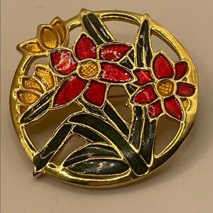 Gold Floral Enamel  Cloisonné Brooch with Red & Yellow Flowers 1.5” Round